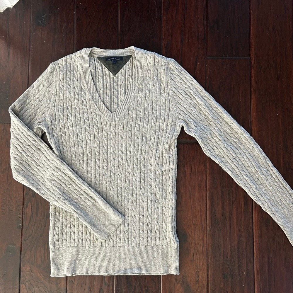 Tommy Hilfiger Womens Gray Cotton Cashmere Sweater Cable Knit V-Neck Old Money